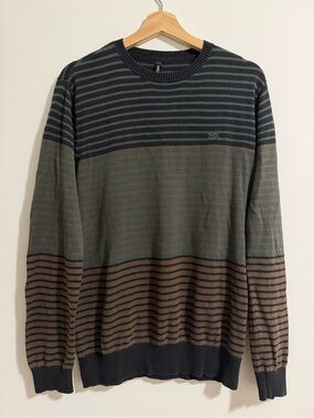 RVCA Men's Crewneck Sweater in Black, Green & Brown Stripes